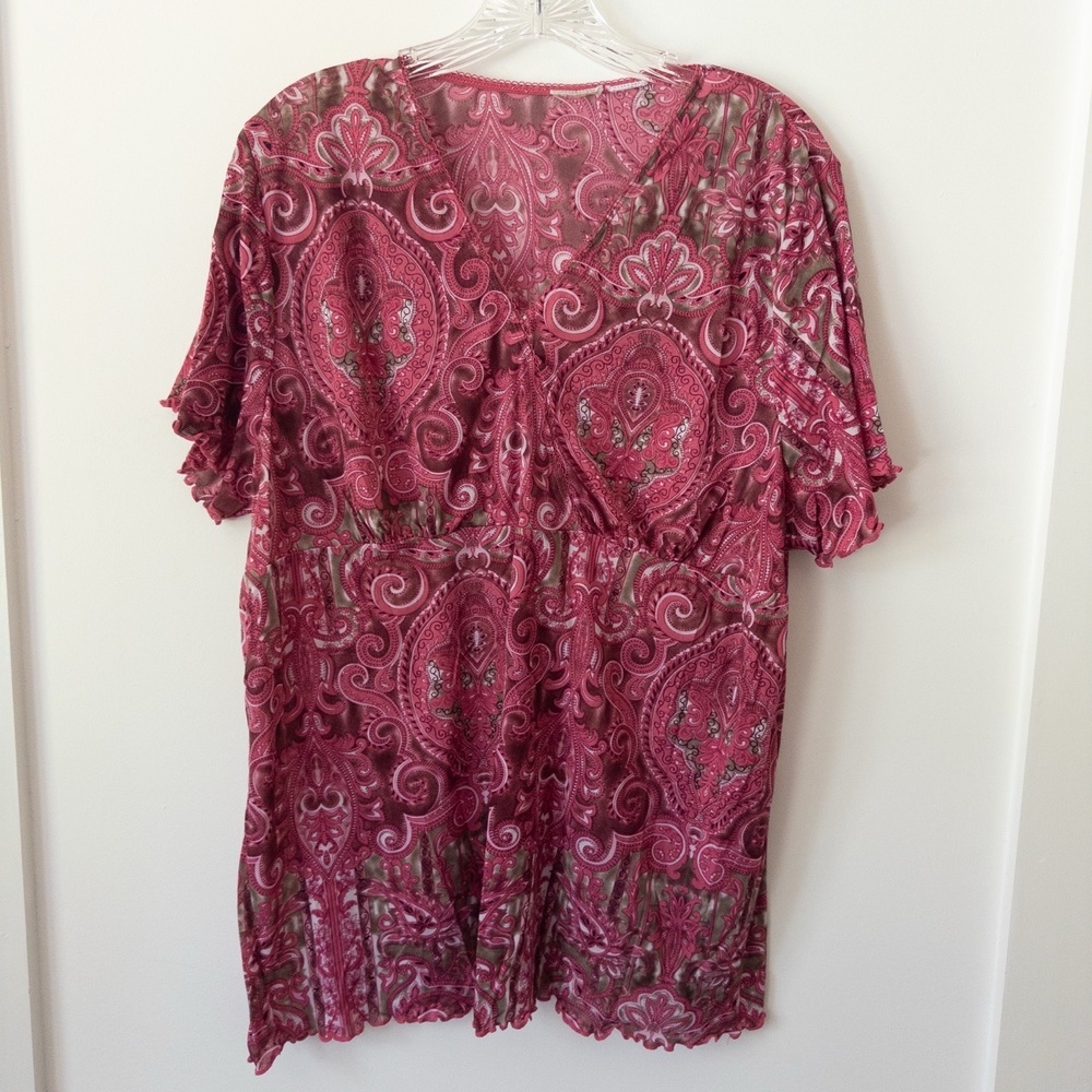 Y2K Pink Paisley Babydoll Top Womens XL Boho Fairy Grunge Festival Retro Stretch